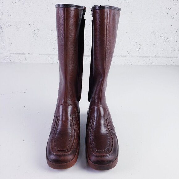 Vintage Carolina Boots Leather Knee High Sherpa Lined Side Zip Low Heel Brown 7 - Picture 2 of 13